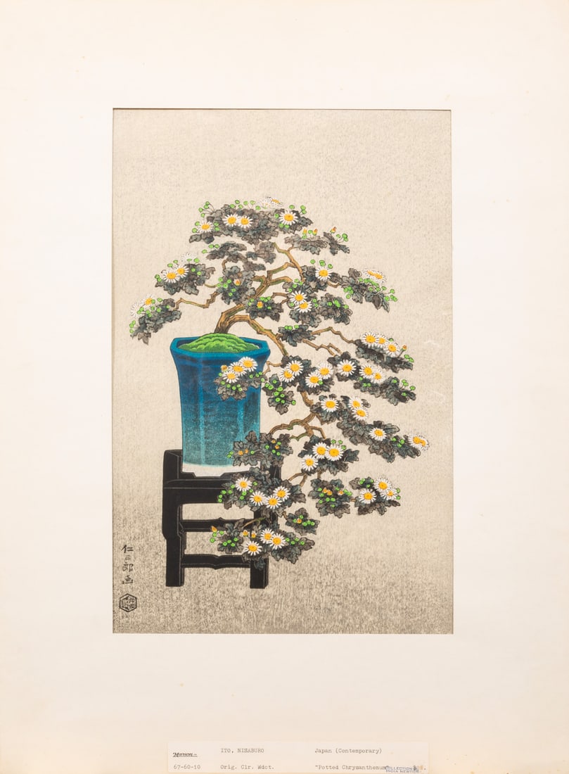 Nisaburo Ito (Japanese, 1910-1988): Nisaburo Ito (Japanese, 1910-1988), "Bonsai Chrysanthemum" and "Ninnaji Temple in Snow", two woodblock prints, sheet 17 1/4 in. x 11 7/8 in. and 17 1/4 in. x 12 in., unframed, (2 pcs.)