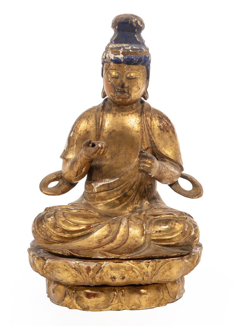 Asian Painted and Gilded Wood Figure of Buddha: Asian Painted and Gilded Wood Figure of Buddha, carved seated in dhyanasana on giltwood lotus base wearing loose voluminous robes and celestial scarf, the hair raised in a topknot and painted blue, ba