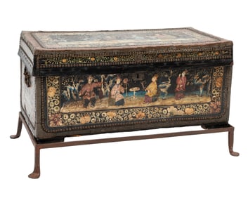 Large China Trade Painted Leather Trunk