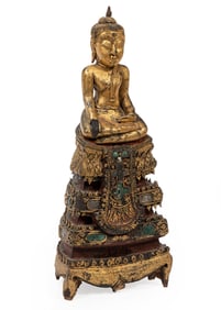 Antique Burmese Carved and Gilded Wood Buddha
