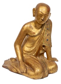 Burmese Glass Gem Embellished Carved Wood Monk