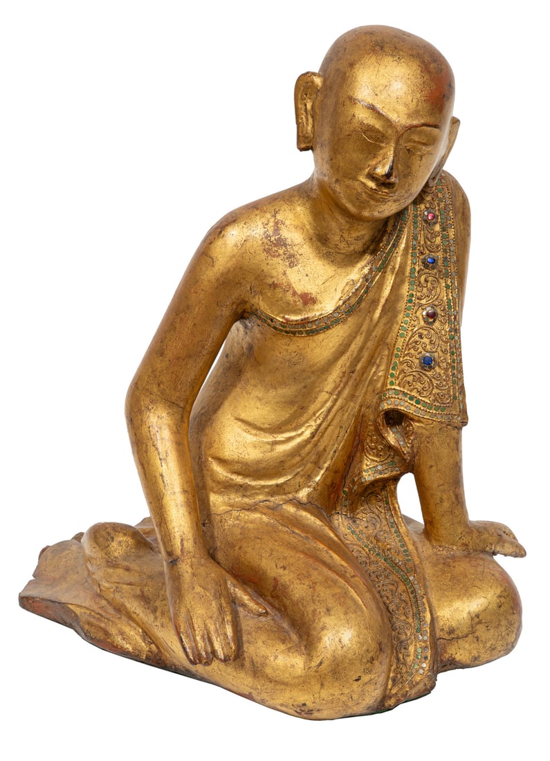 Burmese Glass Gem Embellished Carved Wood Monk: Antique Burmese Glass Gem Embellished, Carved and Gilded Wood Figure of a Seated Monk, h. 17 1/2 in., w. 12 1/4 in., d. 16 in. Provenance: Reputedly, acquired in Burma from American actress Audrey Mea