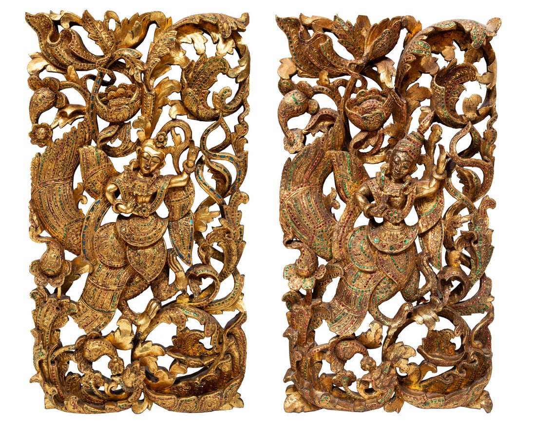 Burmese or Thai Glass Gem Embellished Wood Panels (1 of 4)