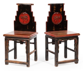 Pair of Chinese Black and Red Lacquered Chairs