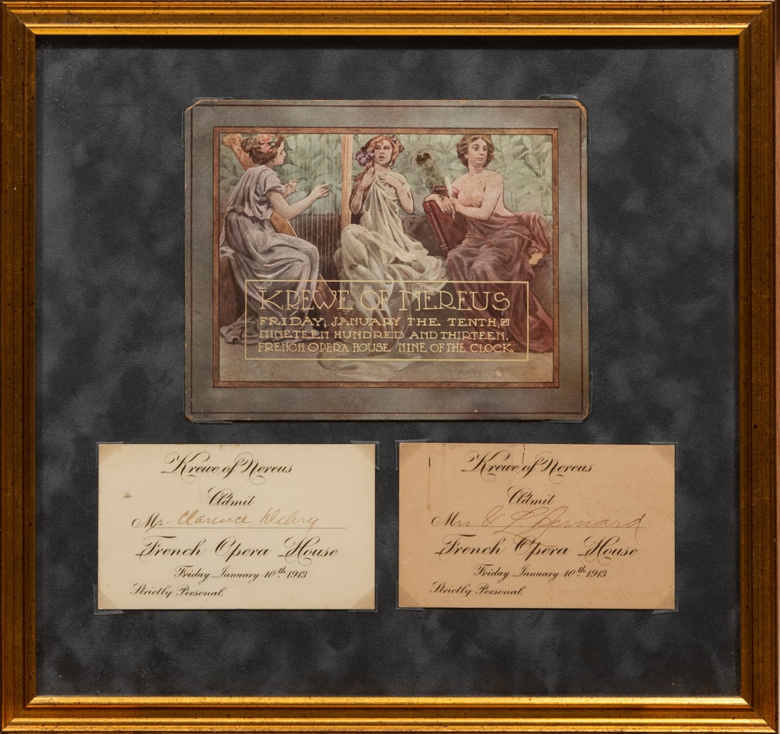 [Mardi Gras] The Atlanteans: [Mardi Gras] The Atlanteans, January 28, 1913, invitation and dance card; Nereus, January 10, 1913, invitation and 2 admit cards, framed.; together with Mithras, January 20, 1913, invitation, each gro