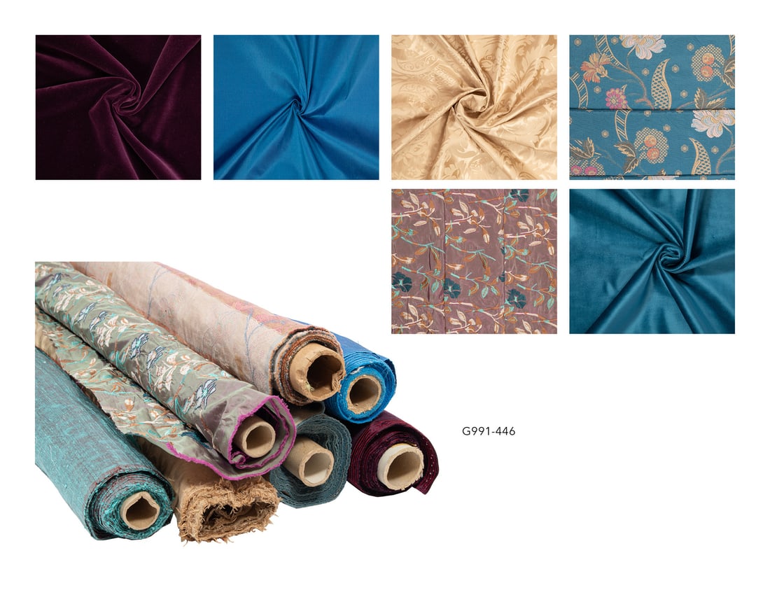 Seven Bolts of Fine Velvet, Silk Dupioni and Other Fabric: Seven Bolts of Fine Velvet, Silk Dupioni and Other Fabric , incl. cobalt blue velvet solid, w. 52 1/2 in., l. over 5 yds.; cobalt blue silk dupioni, w. 40 in., l. over 5 yds.; plum velvet solid, selva