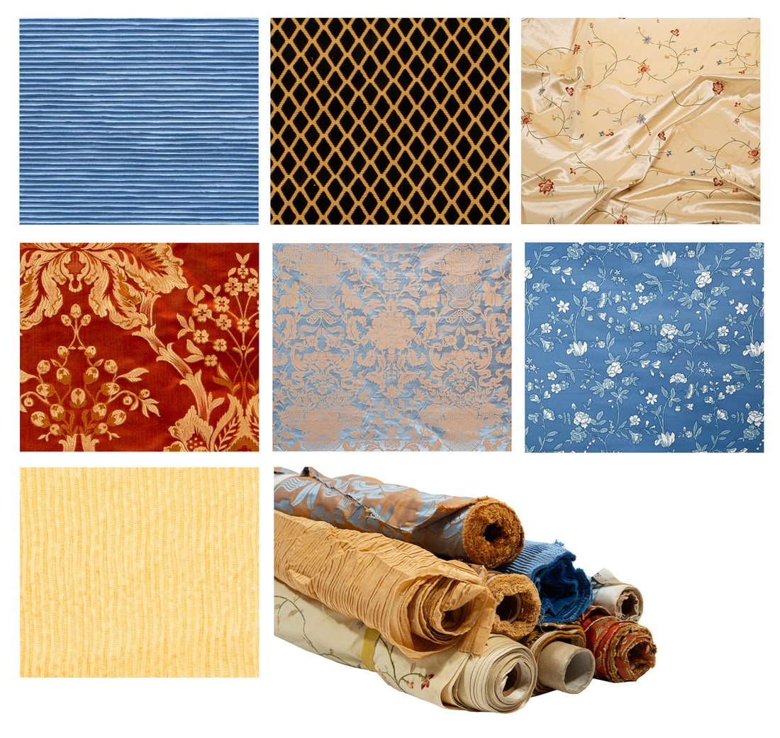 Eight Rolls of Fine Silk, Velvet and Other Fabric: Eight Rolls of Fine Silk, Velvet and Other Fabric , incl. "Marie Victoire" periwinkle floral cotton (with receipt), w. 56 in., l. 2 yds.; cornflower blue ribbed fabric, w. 57 in., l. 4 yds.; black and