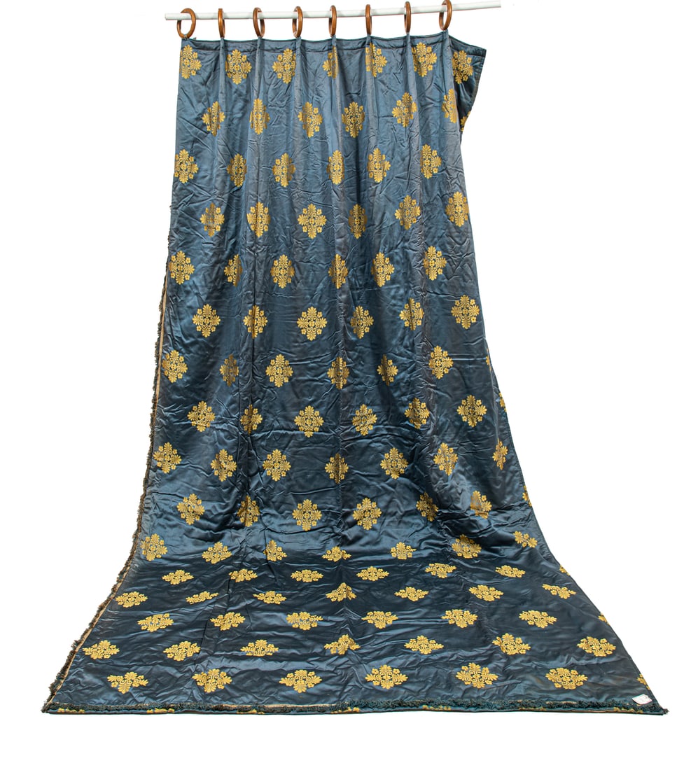Set of Three Antique Blue Silk and Gold Medallion Curtain panels (1 of 15)