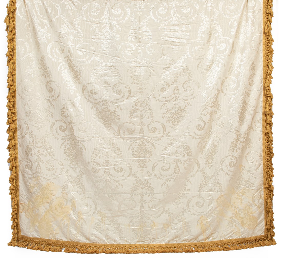 Group of Scalamandré Gold Silk Damask Curtain Panels and "Love Bird" Valances (1 of 7)