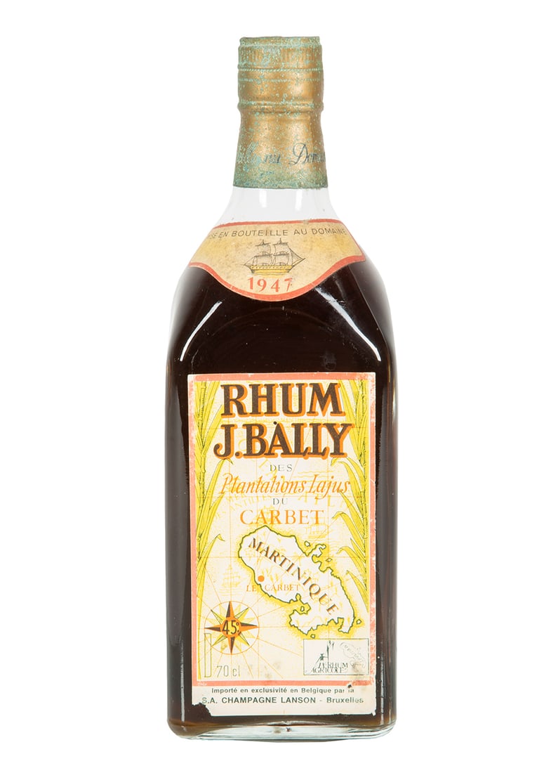 Rhum J.Bally des Plantations Lajus Carbet Martinique Rhum 1947: Rhum J.Bally des Plantations Lajus Carbet Martinique Rhum 1947 , 70cl., Belgian import strip. Estate of Stephen R. Remsberg Collection of Rare Vintage Rum and Other Spirits.****Please note that all sa