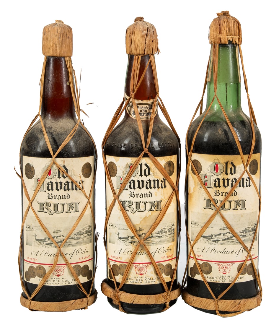 Ramon del Collado Old Havana Brand Rum: Ramon del Collado Old Havana Brand Rum 3 btls, 4/5qt., bottled c. early 1940s, each with wicker cage and Cuban tax strip, one with top label. (3 bottles) Estate of Stephen R. Remsberg Collection of Ra