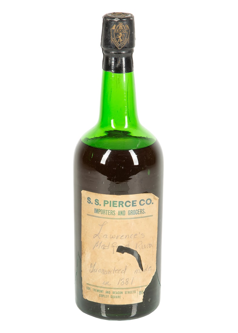 Lawrence Medford Jamaican Rum 1881: Lawrence Medford Jamaican Rum 1881 , volume not stated, retailed by S.S. Pierce Co. Importers and Grocers, Boston, Pierce label hand inscribed "Lawrence's Medford Rum Guaranteed made in 1881". Special