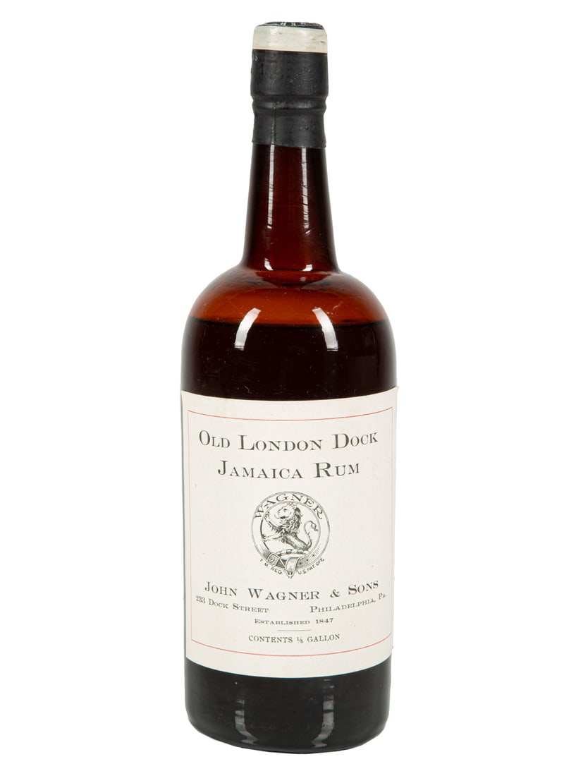John Wagner & Sons Old London Dock Jamaica Rum: John Wagner & Sons Old London Dock Jamaica Rum , 1/5gal., bottled c. 1890s, "Wagner" and "John Wagner & Sons Philadelphia" printed on metal capsule. Special thanks to Jeff "Beachbum" Berry for his ass
