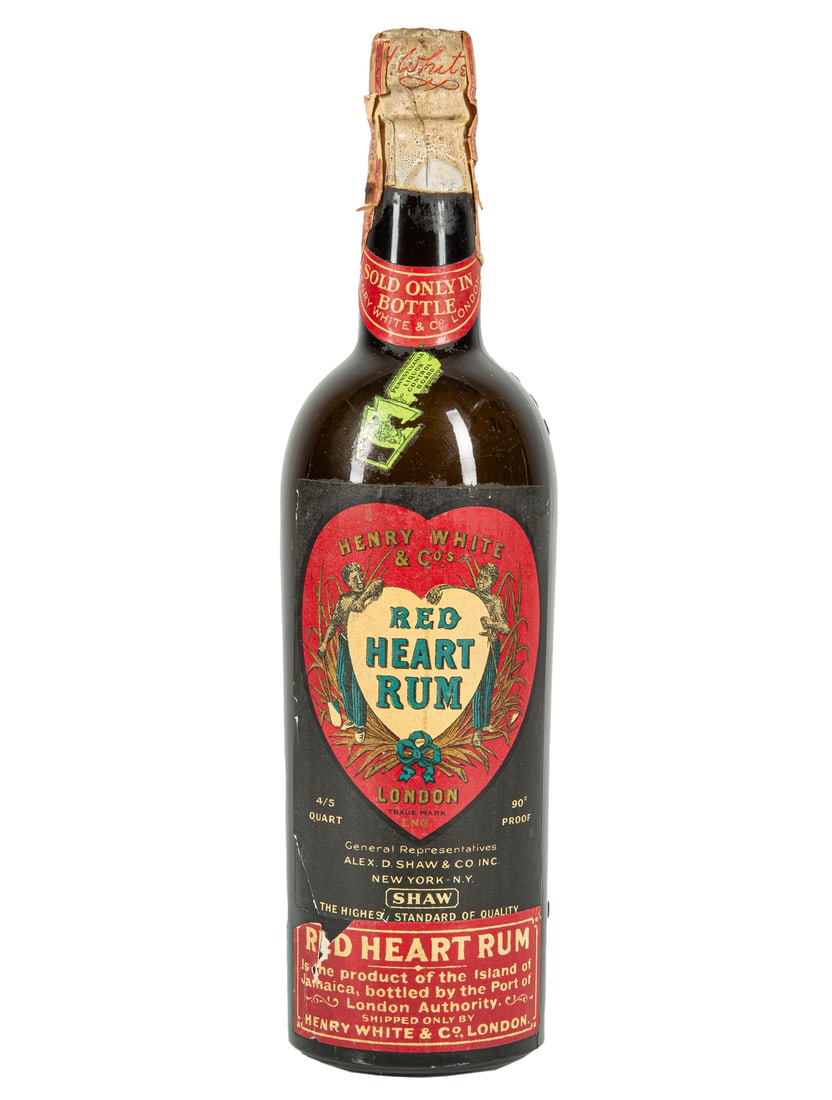 Henry White & Co. Red Heart Jamaican Rum: Henry White & Co. Red Heart Jamaican Rum , 4/5qt., bottled c. early 1930s, tax strip, Pennsylvania tax stamp, low level. Estate of Stephen R. Remsberg Collection of Rare Vintage Rum and Other Spirits.