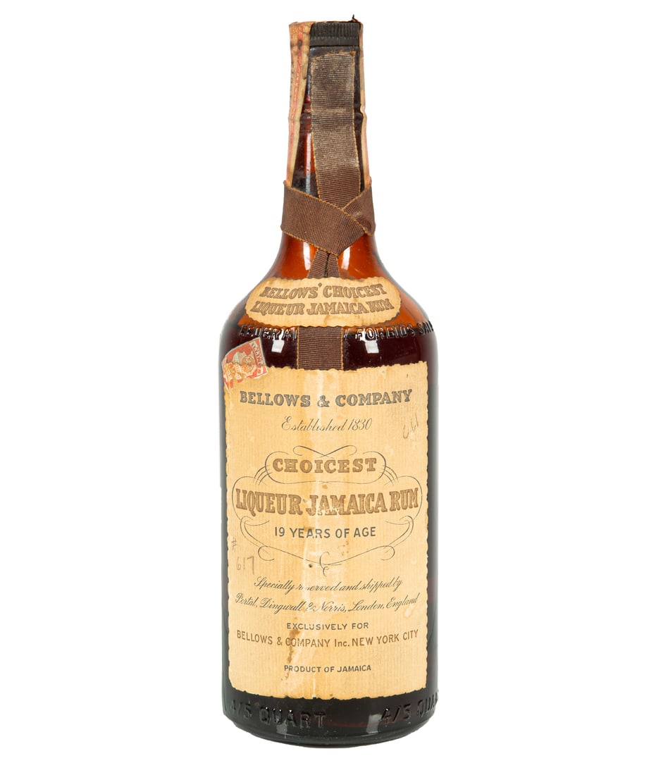 Bellow's & Company Choicest 19 year Jamaica Rum: Bellow's & Company Choicest 19 year Jamaica Rum , 4/5qt., bottled c. late 1930s, tax strip and Illinois tax stamp, "Bismark Hotel Liquor Store, Chicago" and "Choicest Liquer Jamaica Rum" labels on bac