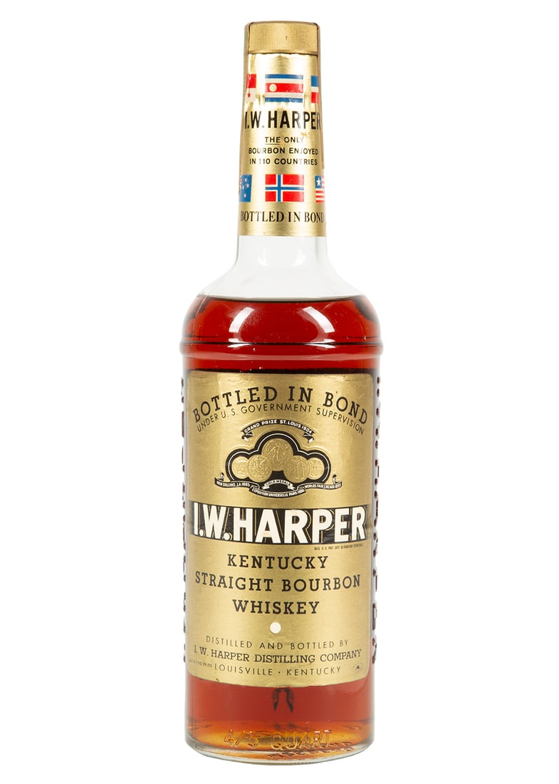 I.W. Harper Kentucky Straight Bourbon Whiskey Bottled In Bond: I.W. Harper Kentucky Straight Bourbon Whiskey Bottled In Bond , 4/5qt., green tax strip with "Made Fall 1961 / Bottled Fall 1966". Estate of Stephen R. Remsberg Collection of Rare Vintage Rum and Othe