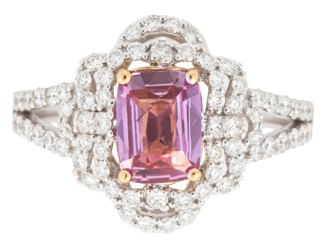 18 kt. White Gold, Pink Sapphire and Diamond Ring: 18 kt. White Gold, Pink Sapphire and Diamond Ring , center cushion mixed cut pink sapphire, wt. approx. 1.18 cts.; bezel and shoulders with 70 round brilliant cut diamonds, total wt. approx. 0.71 ct.;