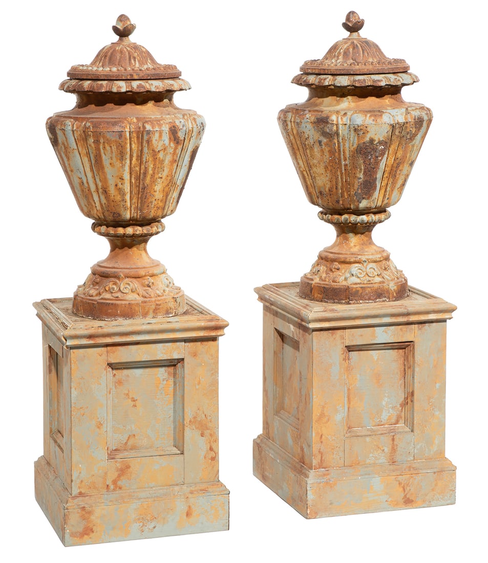 Pair of Antique Continental Cast-Iron Covered Urns (1 of 3)