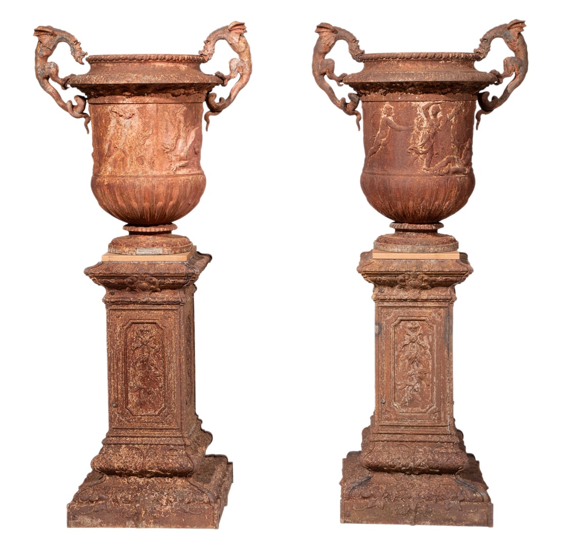 Pair of Antique French Val d'Osne Cast-Iron Garden Urns, late 19th c., urns labeled "FONDERIES DU (1 of 9)