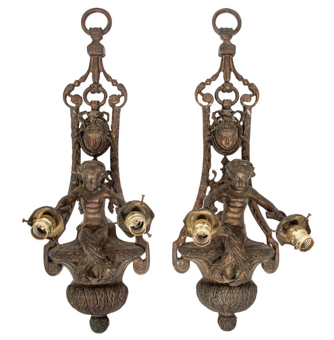 Pair of French Patinated Bronze Two-Light Figural Sconces (1 of 2)