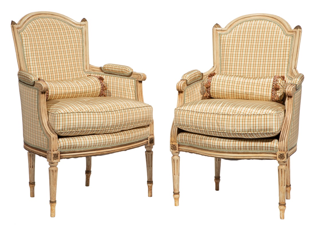 Pair of Louis XVI-Style Creme Peinte Bergeres, 19th: Pair of Louis XVI-Style Creme Peinte Berg?res, 19th and later c., Scalomandre plaid silk upholstery, molded arched crest rail, scrolled padded arms, molded conforming seat rail, tapered fluted legs, h