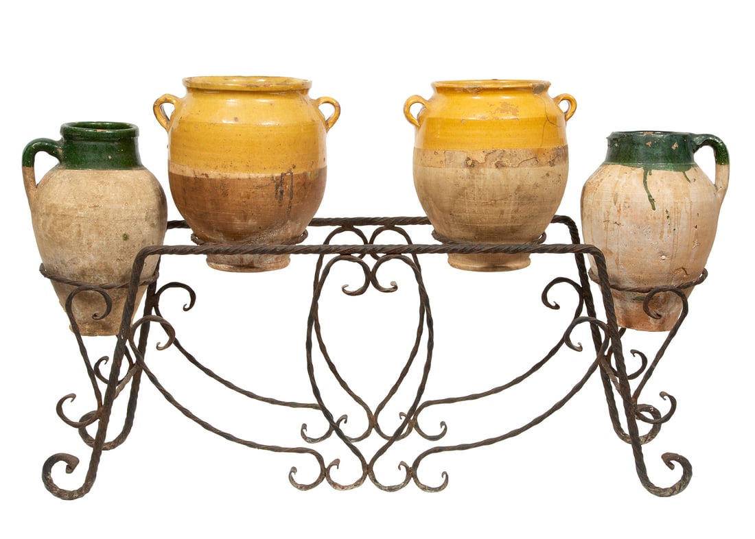 Four French Terracotta Confit Jars on a Wrought-Iron Stand (1 of 3)