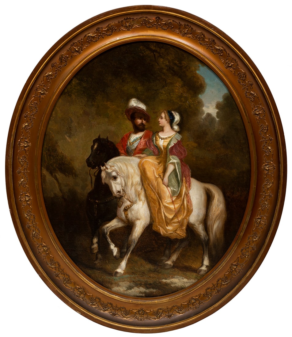 Continental School, 19th c ., "The Secret Meeting", oil on canvas: Continental School, 19th c ., "The Secret Meeting", oil on canvas, indistinctly signed lower left, 32 in. x 25 1/2 in. (oval), framed, overall 38 3/4 in. x 32 7/8 in. x 1 3/4 in. (oval) Provenance: Gi