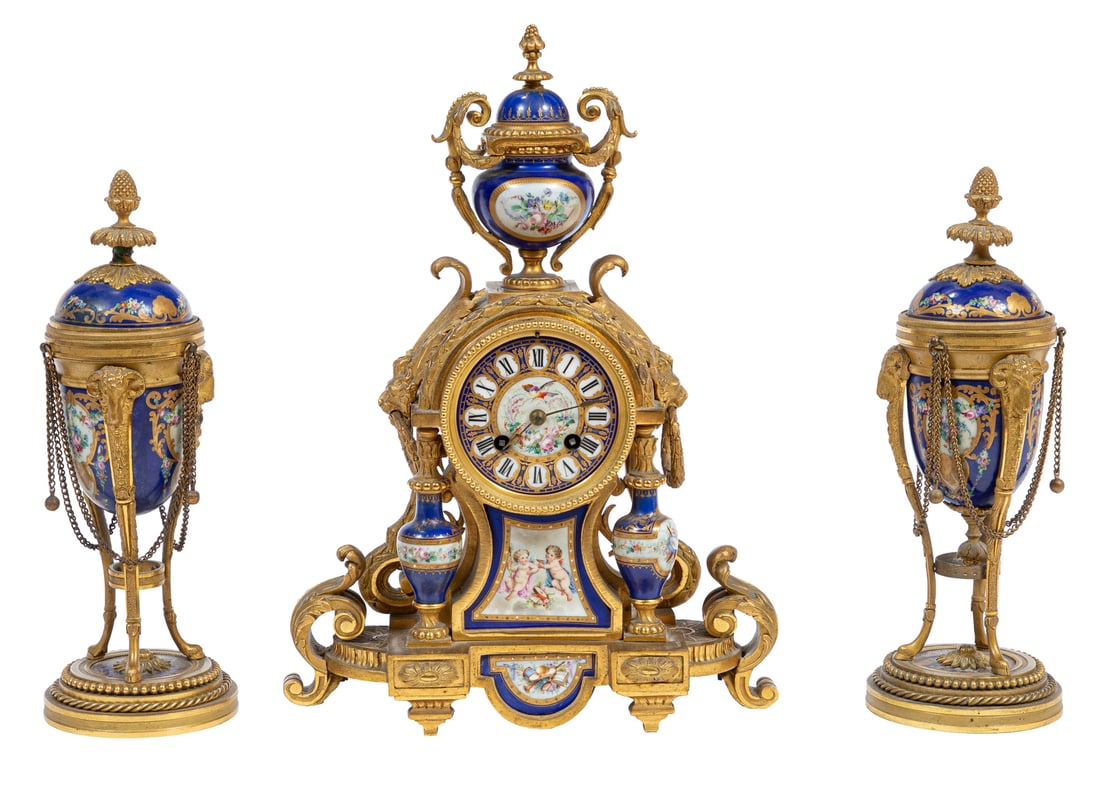 Napoleon III Bronze and Porcelain-Mounted Three-Piece Clock Garniture, 19th c. (1 of 3)