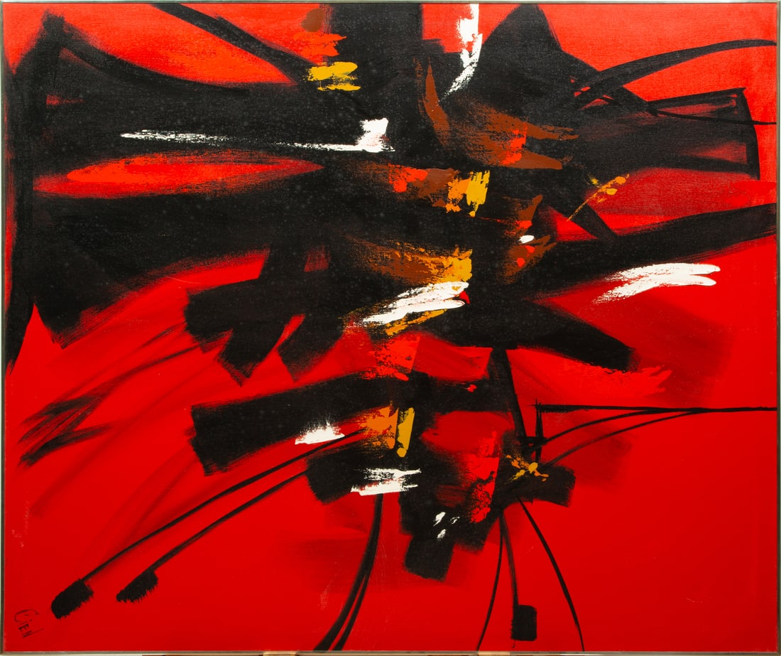 Etta Benjamin Cien  "Abstract Composition in Red", oil on canvas (1 of 3)