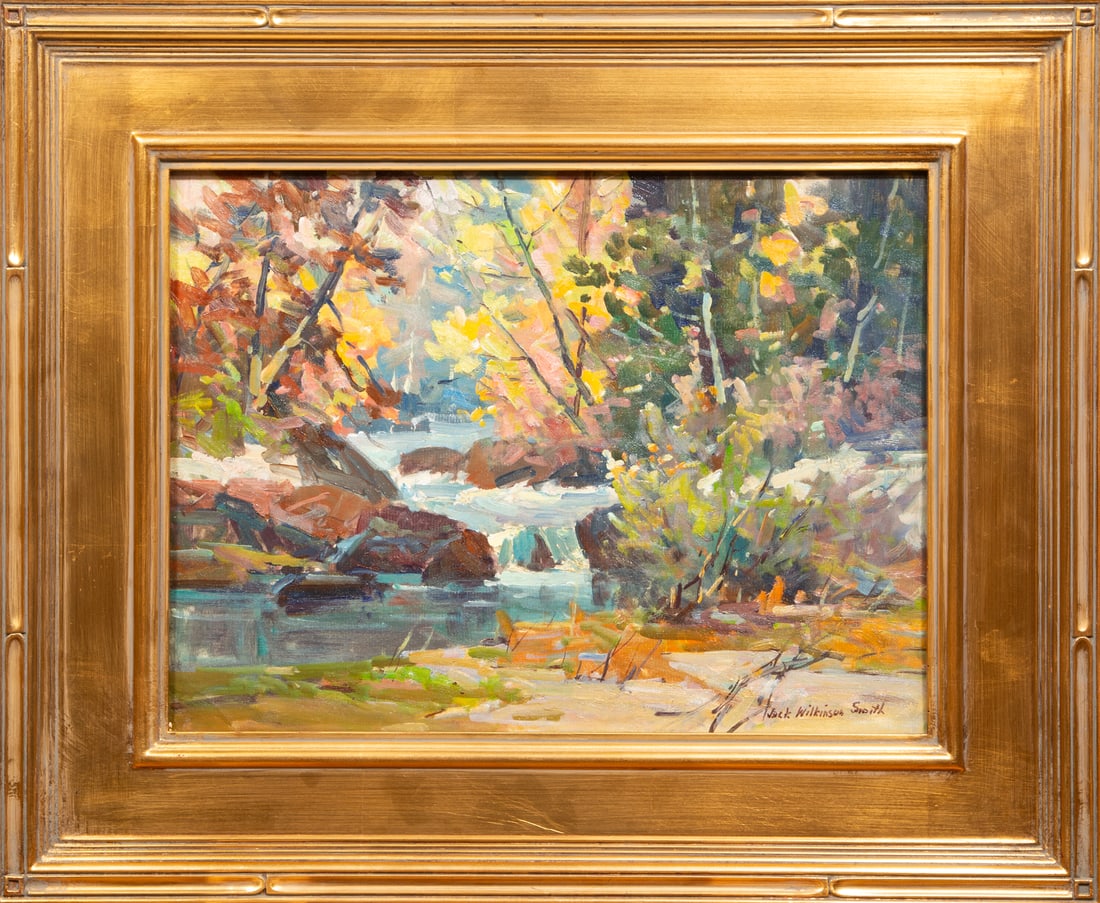 Jack Wilkinson Smith "Landscape", oil on canvas: Jack Wilkinson Smith (American, 1873-1949), "Landscape", oil on canvas laid on board, signed lower right, 12 in. x 15 7/8 in., framed, overall 18 1/2 in. x 22 3/8 in. x 1 in.
