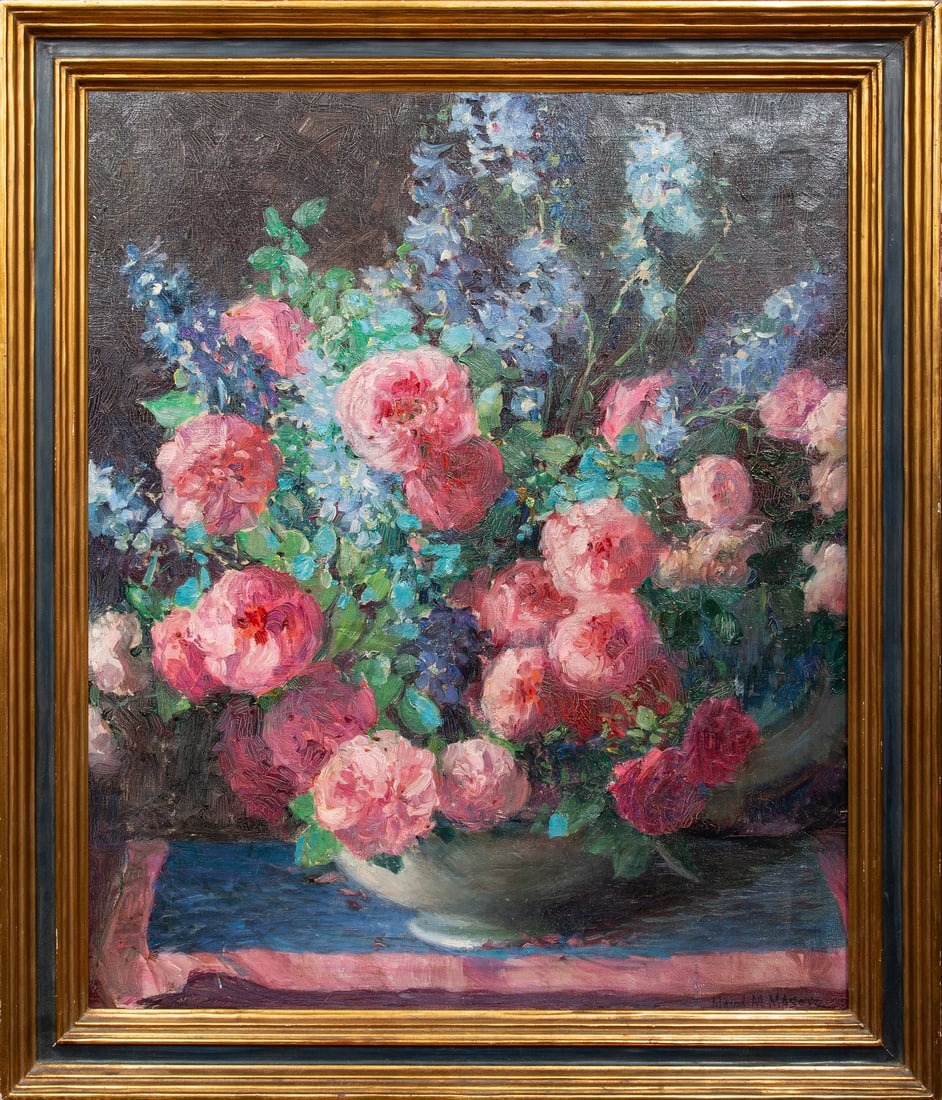 Maud Mary Mason "Still Life of Flowers", oil on canvas: Maud Mary Mason (American, 1867-1956), "Still Life of Flowers", oil on canvas, signed lower right, 30 in. x 25 1/4 in., framed, overall 35 in. x 30 in. x 2 in.