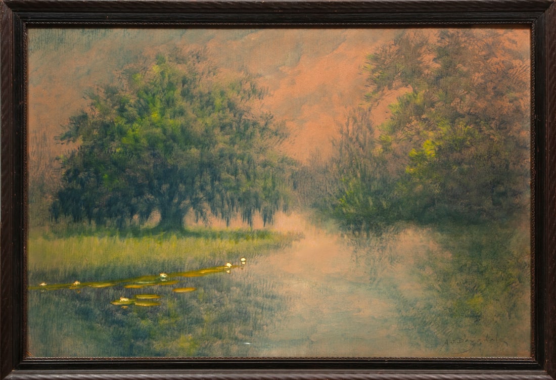 Alexander John Drysdale "Bayou Scene with Live Oak and Water Lilies",  oil wash on board (1 of 5)