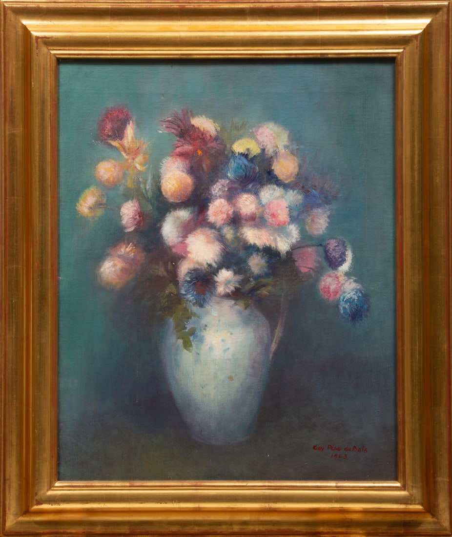 Guy Pene du Bois "Flowers", 1943, oil on canvas: Guy Pene du Bois (American/Louisiana, 1884-1958), "Flowers", 1943, oil on canvas, signed and dated lower right, "James Graham & Sons, New York" label with artist, title and date, 2 handwritten labels