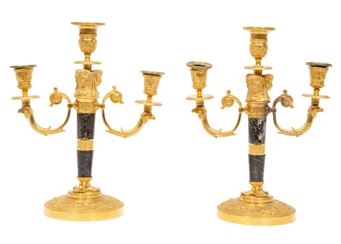 Pair of Empire Gilt Bronze and Marble Three-Light Candelabra, early 19th c. (1 of 2)