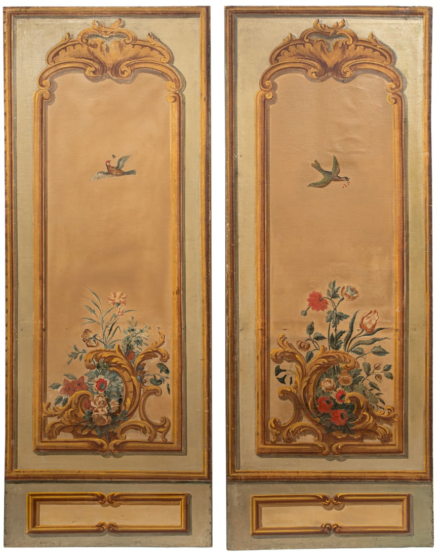 Pair of French Oil on Canvas Panels: Pair of French Oil on Canvas Panels, reserves with floral baskets and birds, each h. 84 in., w. 32 1/2 in. Provenance: Estate of Sybil M. Favrot, New Orleans, LA.