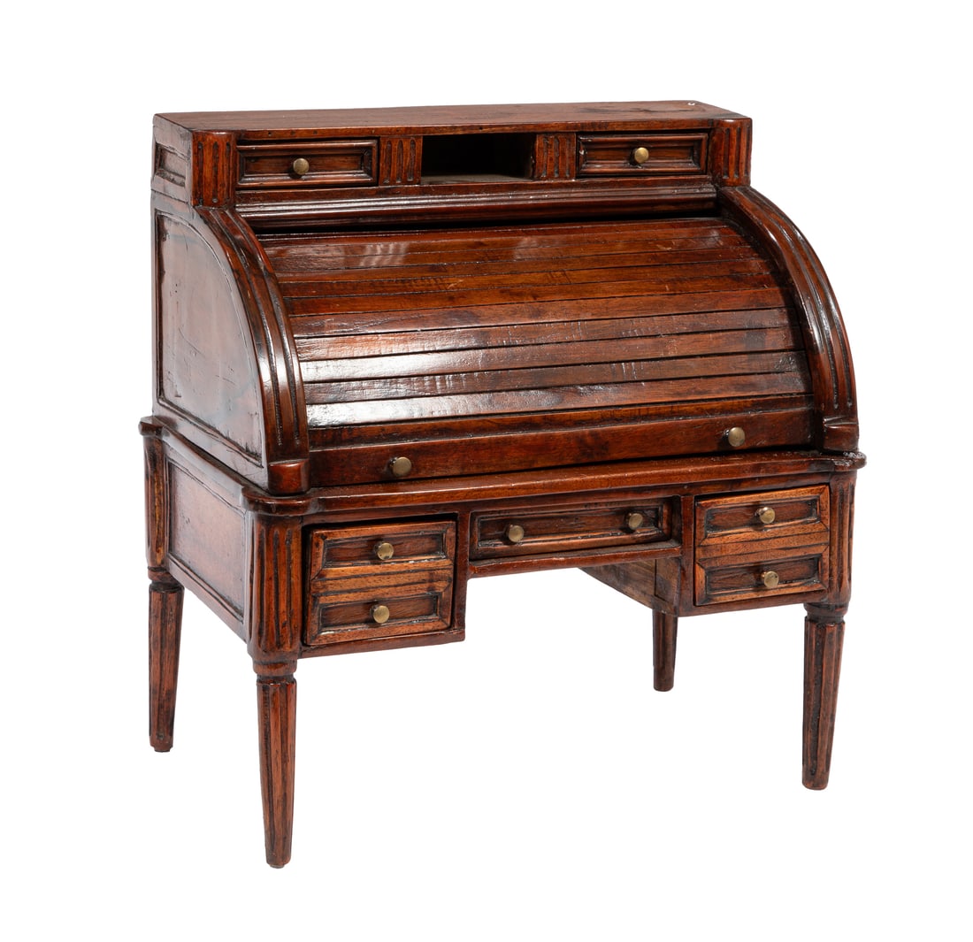 Antique French Miniature Mahogany Cylinder Desk: Antique French Miniature Mahogany Cylinder Desk, working drawers, tambour door, fitted interior, h. 16 in., w. 15 in., d. 9 in. Provenance: Estate of Sybil M. Favrot, New Orleans, LA.
