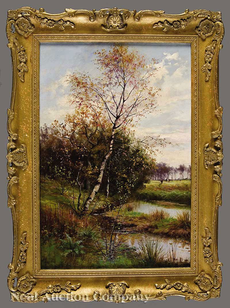 Sidney Pike (British, 1846-1907): Sidney Pike (British, 1846-1907), "Birch Tree by the Stream with Grazing Cows", 1900, oil on panel, signed and dated lower left, The Lafayette Gallery, Baton Rouge label en verso, 17 1/4 in. x 11 3/4