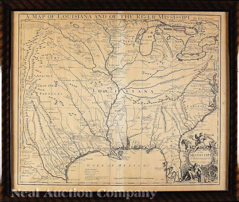 John Senex, "Map of Louisiana", 1721: John Senex, "A Map of Louisiana and the River Mississippi", 1721, London, copper-plate engraved map, laid paper, watermarked with a fleur-de-lis and "HD", the map with interesting nomenclature of "Pro