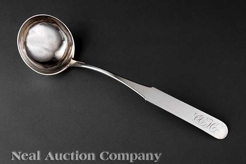 Samuel Ayres Coin Silver Soup Ladle: A Kentucky Coin Silver Soup Ladle, Samuel Ayres (1767-1824), wc. Lexington, 1786-1823, Danville, 1823-24, marked "S. AYRES" in banner; elongated fiddle handle with script monogram "CCH"; length 13 1/4