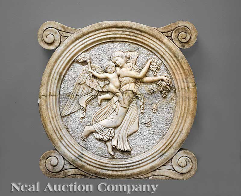Carved Marble Relief of "Dawn": A Carved Marble Relief of "Dawn", after Bertel Thorvaldsen (Danish, 1770-1844), the flying figure of Aurora carrying a young Eros with the torch of Day, unsigned, height 26 in., width 25 1/2 in., dept