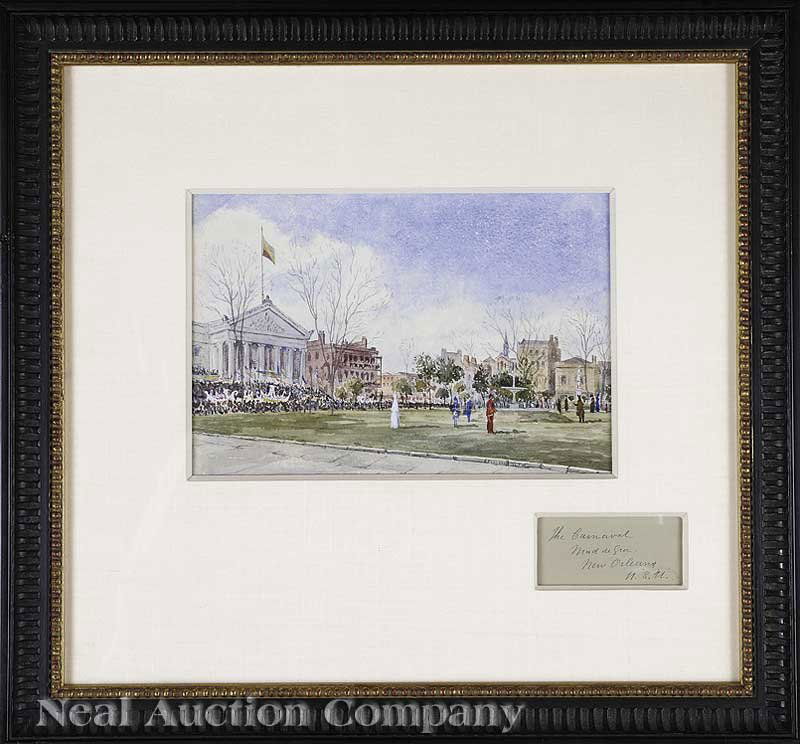 Robert Harvey (American, 19th c.): Robert Harvey (American, 19th c.), "The Carnaval, Mad de Gra[sic], New Orleans, U.S.A.", watercolor on paper, unsigned, pencil-titled, inscribed "No. 3", and stamped "74C" en verso, titled on mat, 7 i