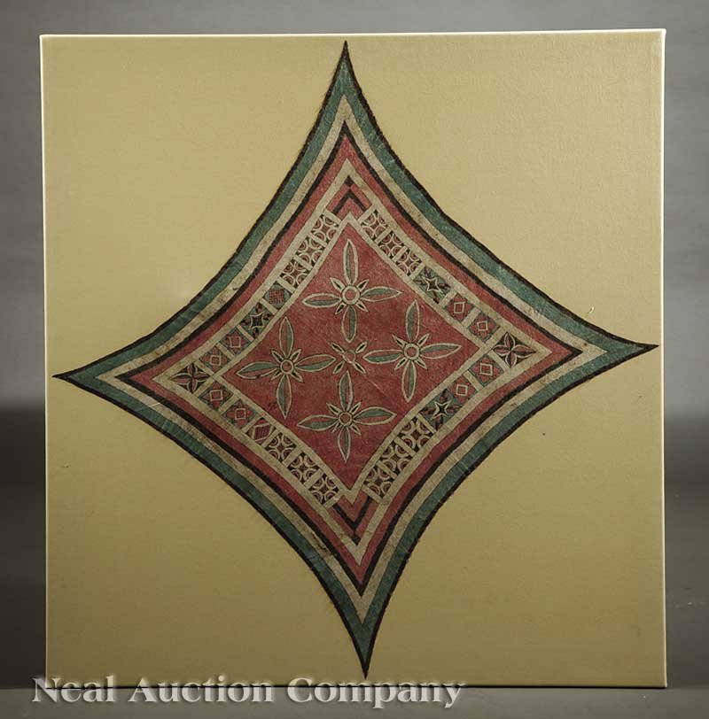 An Indonesian Barkcloth Headcloth: An Indonesian Barkcloth Headcloth, Toraja, Sulawesi, diamond form with central floral register, banded by a frame of stylized flower heads and geometric patterns, height 47 in., width 44 3/4 in., moun