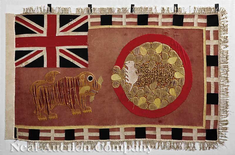 An African Embroidered Cotton Asafo Flag: An African Applique and Embroidered Cotton Asafo Flag, Fante, Ghana, rectangular form with the Union Jack and mythical animals, height 41 in., width 63 1/2 in.; mounted to a fabric wrapped frame, over