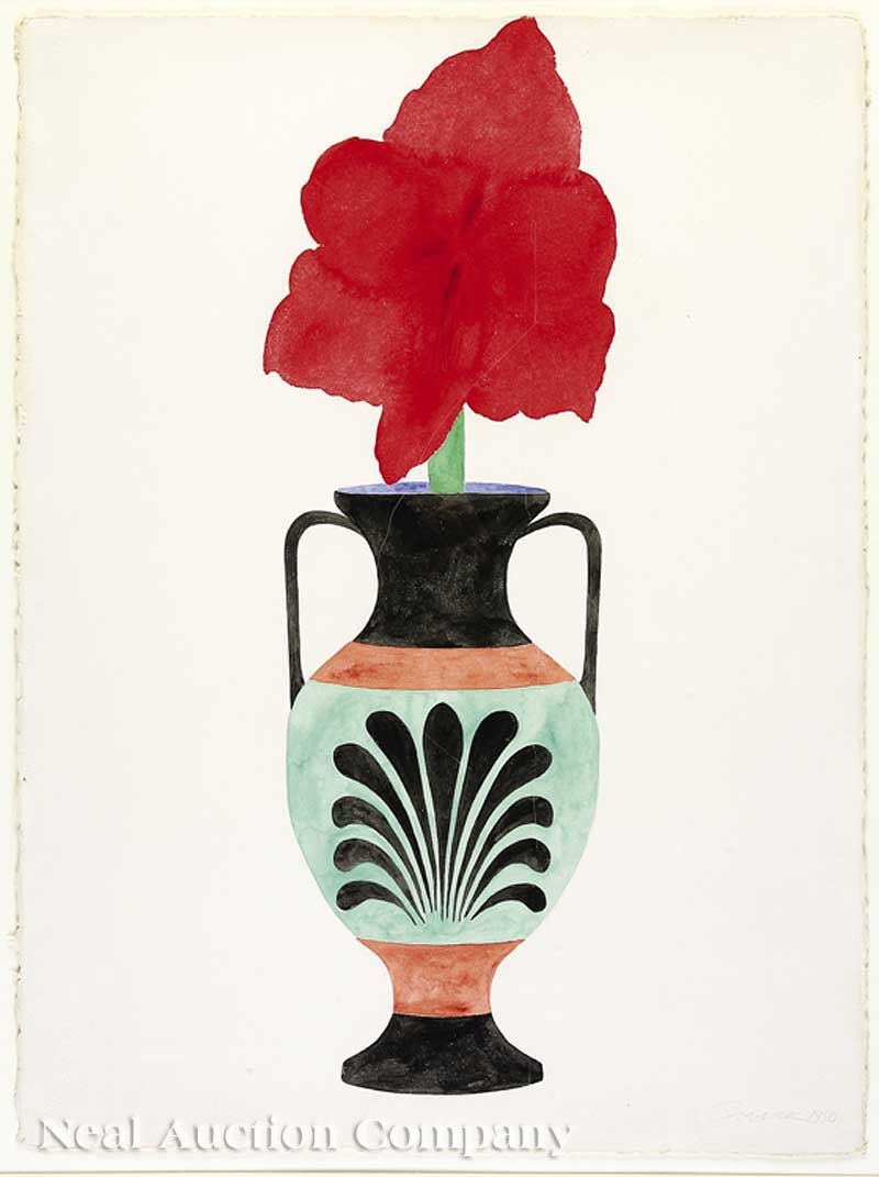 Harry Soviak (American/Ohio, 1935-1984): Harry Soviak (American/Ohio, 1935-1984), "Still Lifes of Greek Urns with Amaryllis", 1980, pair of watercolors on Arches paper, each pencil-signed and dated lower right, sheet 30 in. x 22 1/4 in. each