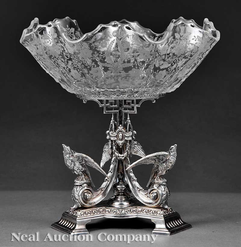 Silverplate Epergne James Dixon & Sons Sheffield: An Antique English Silverplate Epergne, James Dixon & Sons, Sheffield, 19th c., the base with eagles, swags and bellflowers, the bowl with etched floral decoration, height 12 in., diameter 12 in