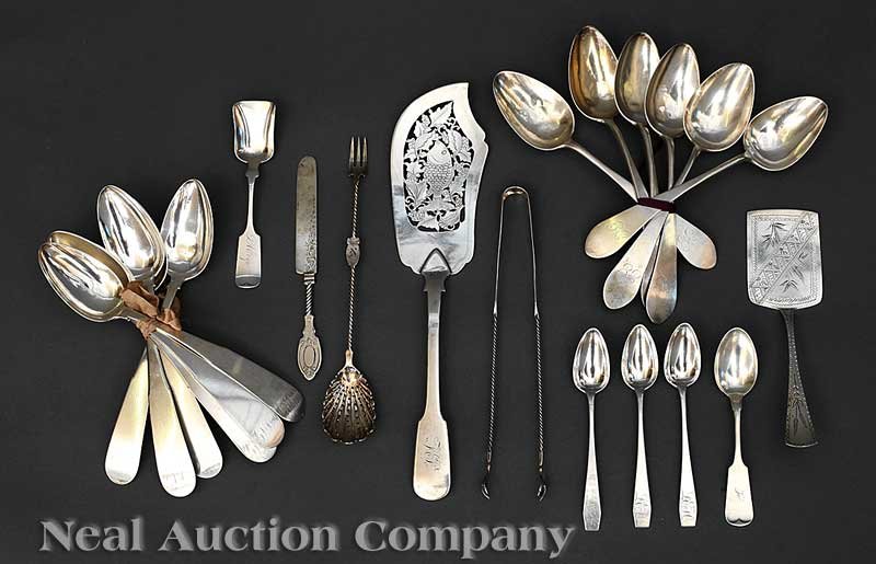 A Group of American Coin Silver Serving Pieces: A Group of American Coin Silver Serving Pieces, 19th c., various makers, including a fish knife downturned fiddle typt handle, length 12 7/8 in., weight 6 troy ozs.; set of 6 tablespoons, Arthur Johns