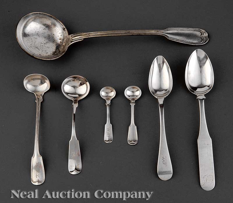 A Group of American Coin Silver Spoons: A Group of American Coin Silver Spoons, some Southern, including 1 tablespoon, Israel Boone Grant, St. Louis, MO, wc. 1817-1820, length 9 in.; 1 cream ladle, Andrew Poetz & Co., Mobile, AL, wc. 1854-1