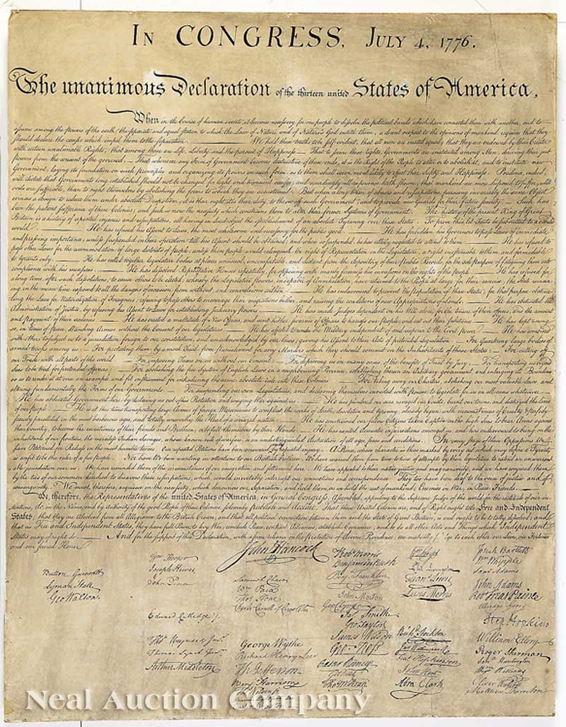 [Declaration of Independence]: [Declaration of Independence], "In Congress, July 4, 1776. The unanimous Declaration of the thirteen United States of America. When in the Course of Human Events...", folio broadside (30 5/8 in. x 24 