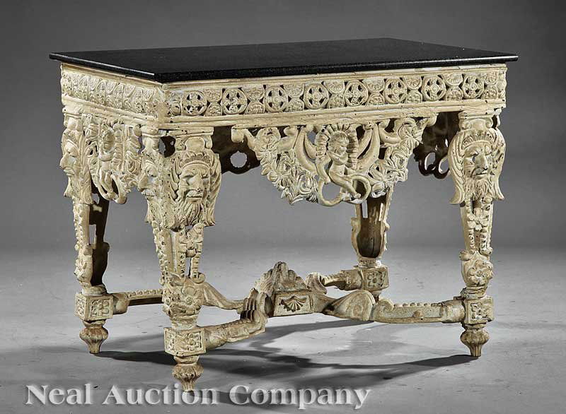 A Painted Cast Iron Garden Suite, Four Seasons: A Painted Cast Iron Garden Suite, Four Seasons pattern, comprised of a marble top table, a pair of settees and four armchairs, table height 27 1/2 in., width 35 1/4 in., depth 23 1/2 in