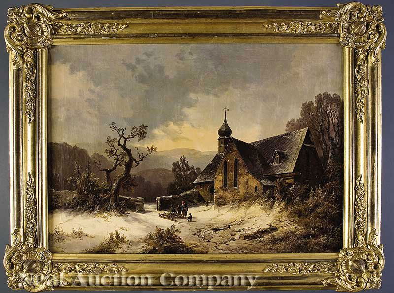 Dutch School, 19th c: Dutch School, 19th c., "Church in Winter Landscape", in the manner of Frederik Marinus Kruseman (1816-1882), oil on canvas, 18 in. x 25 in., framed. Provenance: A Shreveport, Louisiana Estate